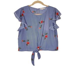 INDULGE | WOMEN’S CROP TIE FRONT BLOUSE TOP PINSTRIPES BLUE WHITE WITH ROSES M